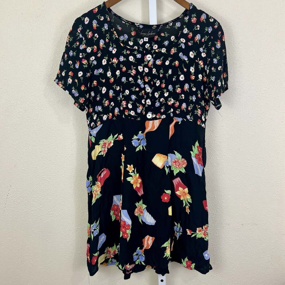 Jenny Helene Vintage 90s Dress Womens S Rayon Floral A-Line Half Button Front